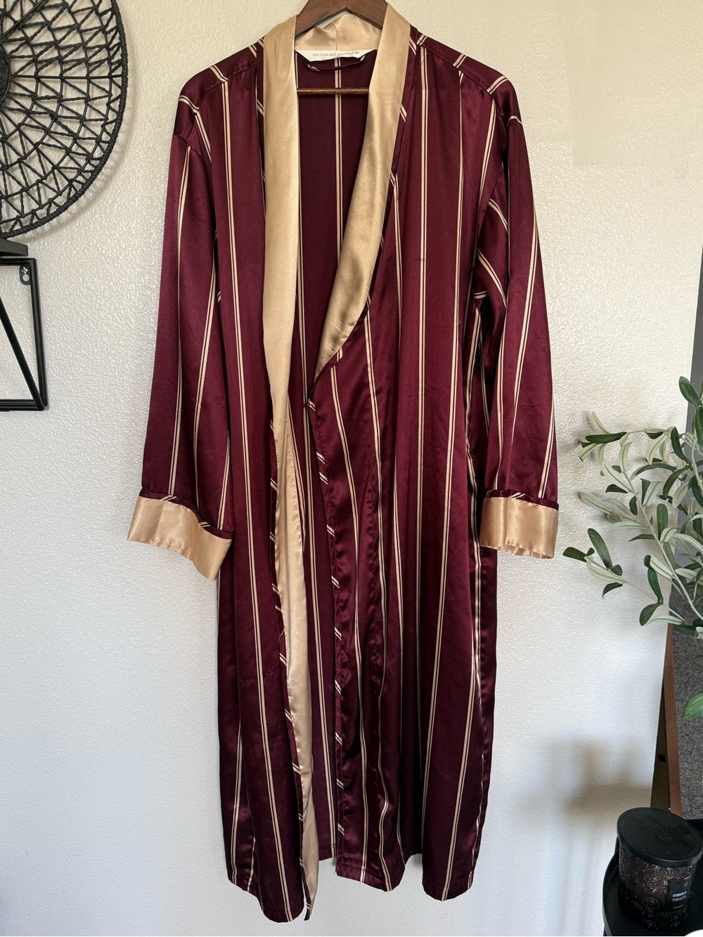 Victoria's Secret Burgundy and Gold Satin Striped Long Robe